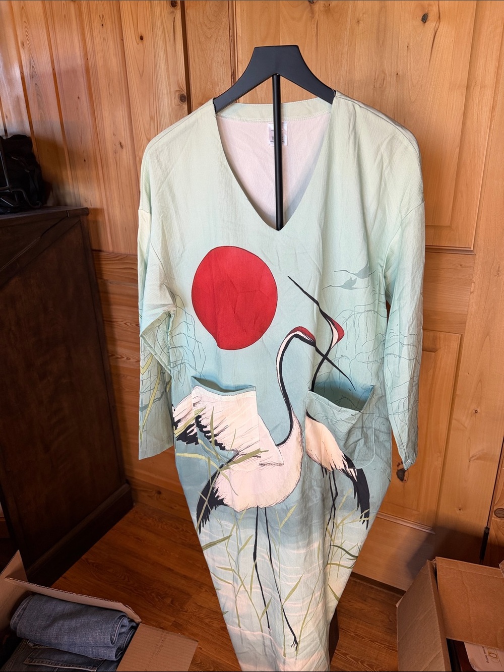 Light Mint Crane Print V-Neck Tunic Dress with Red Sun